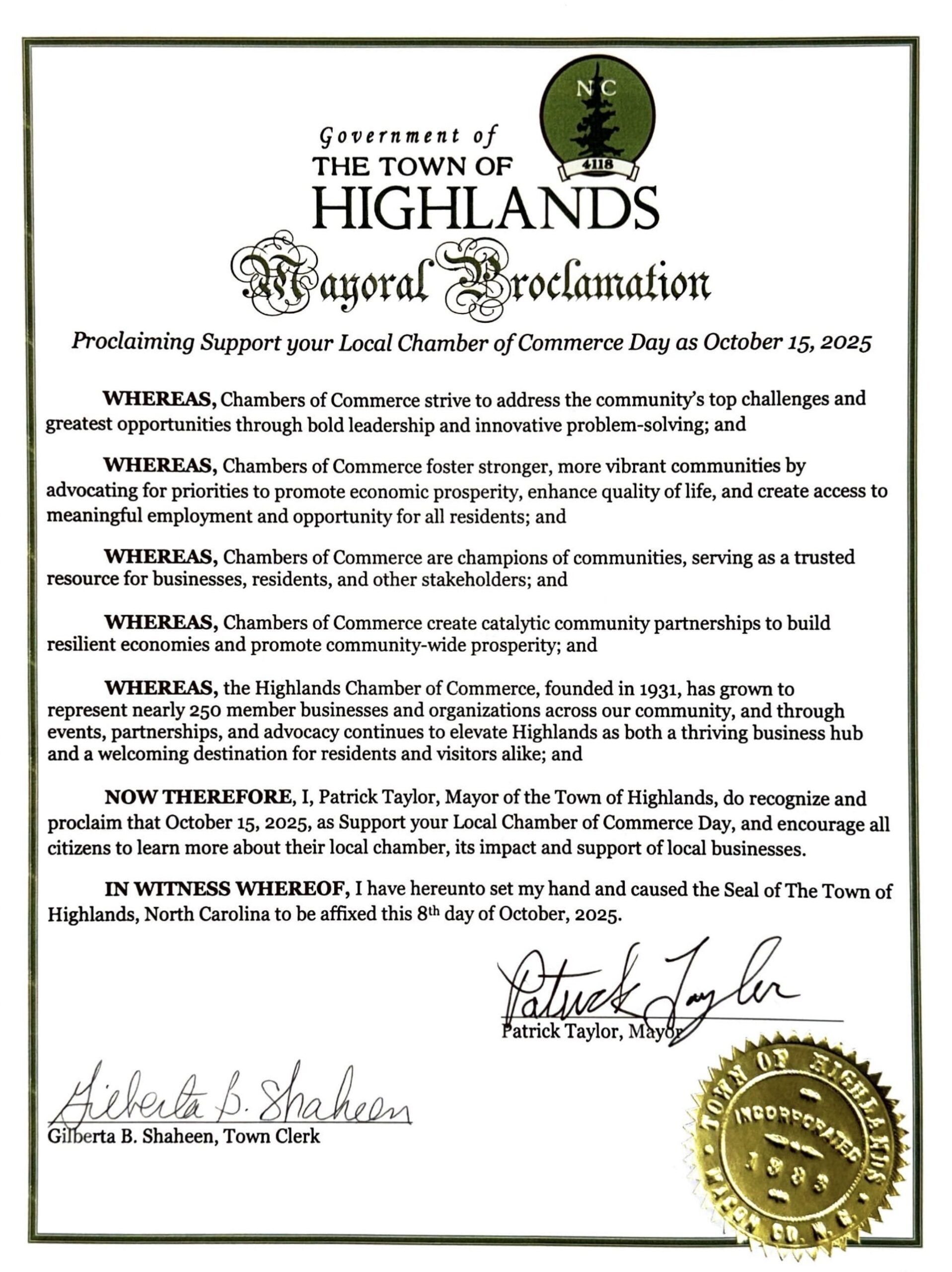 Support Your Local Chamber of Commerce Day Proclamation 2025